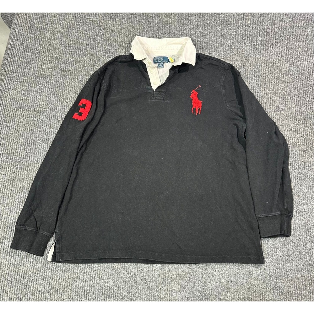 Vintage Polo Ralph Lauren Rugby Shirt Mens XL Black Big Pony Long Sleeve #3 Sewn